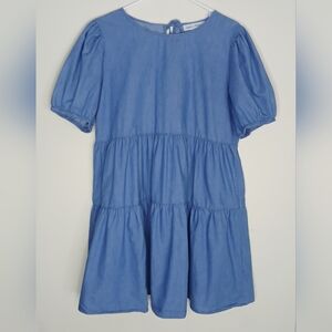 Jack + Avery Blue Chambray Puff Sleeve Tiered Babydoll Dress